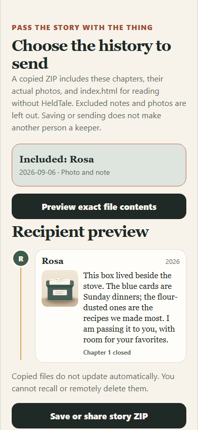 HeldTale at iPhone size showing the selected Recipe Box history, recipient preview, and Save or share story ZIP button