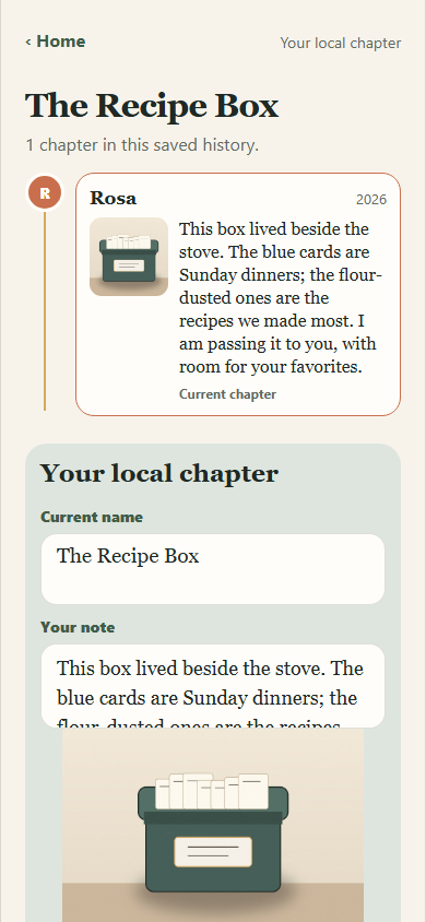 HeldTale at iPhone size showing Rosa's fictional Recipe Box story, its photo, and an editable local chapter