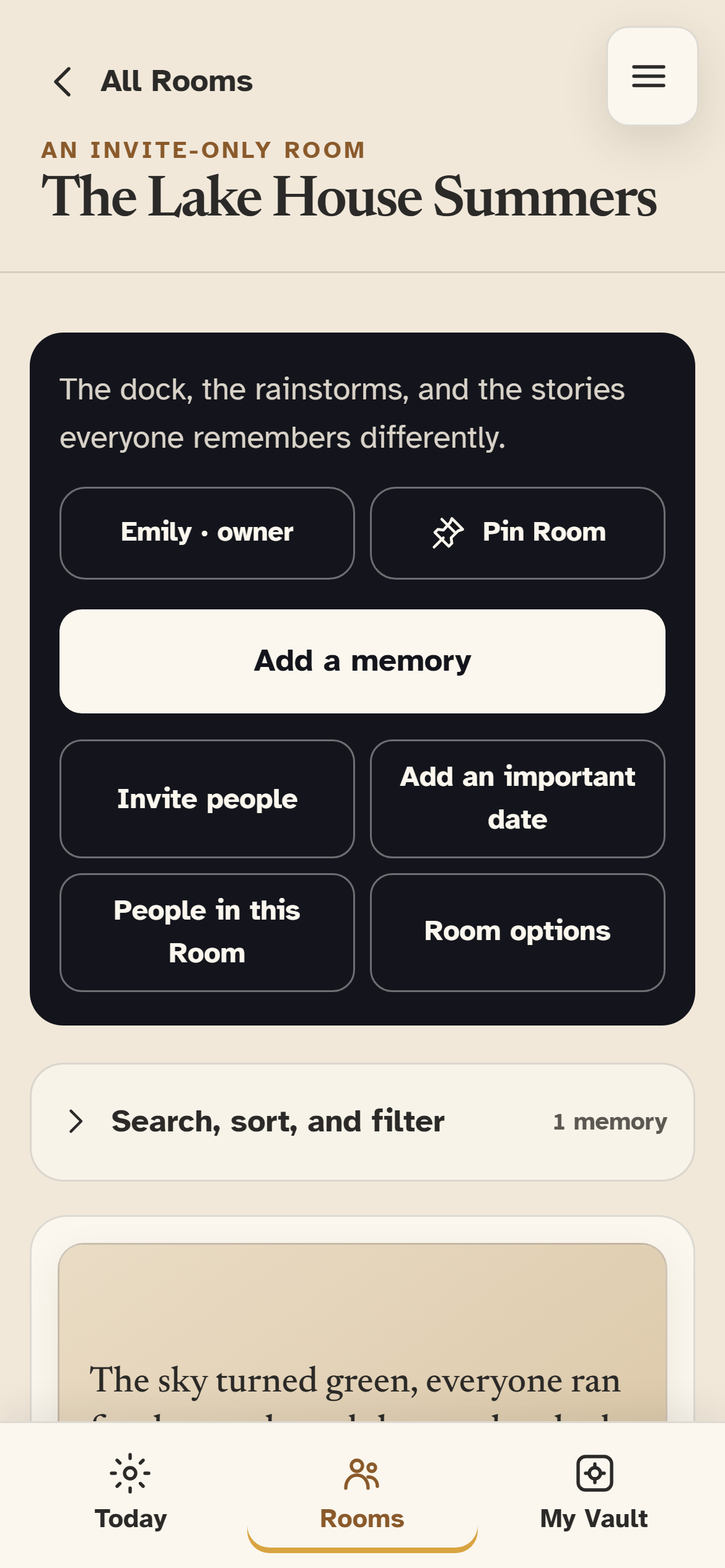 Memrie invite-only Room shown at iPhone size, with the fictional Lake House Summers Room and one shared memory