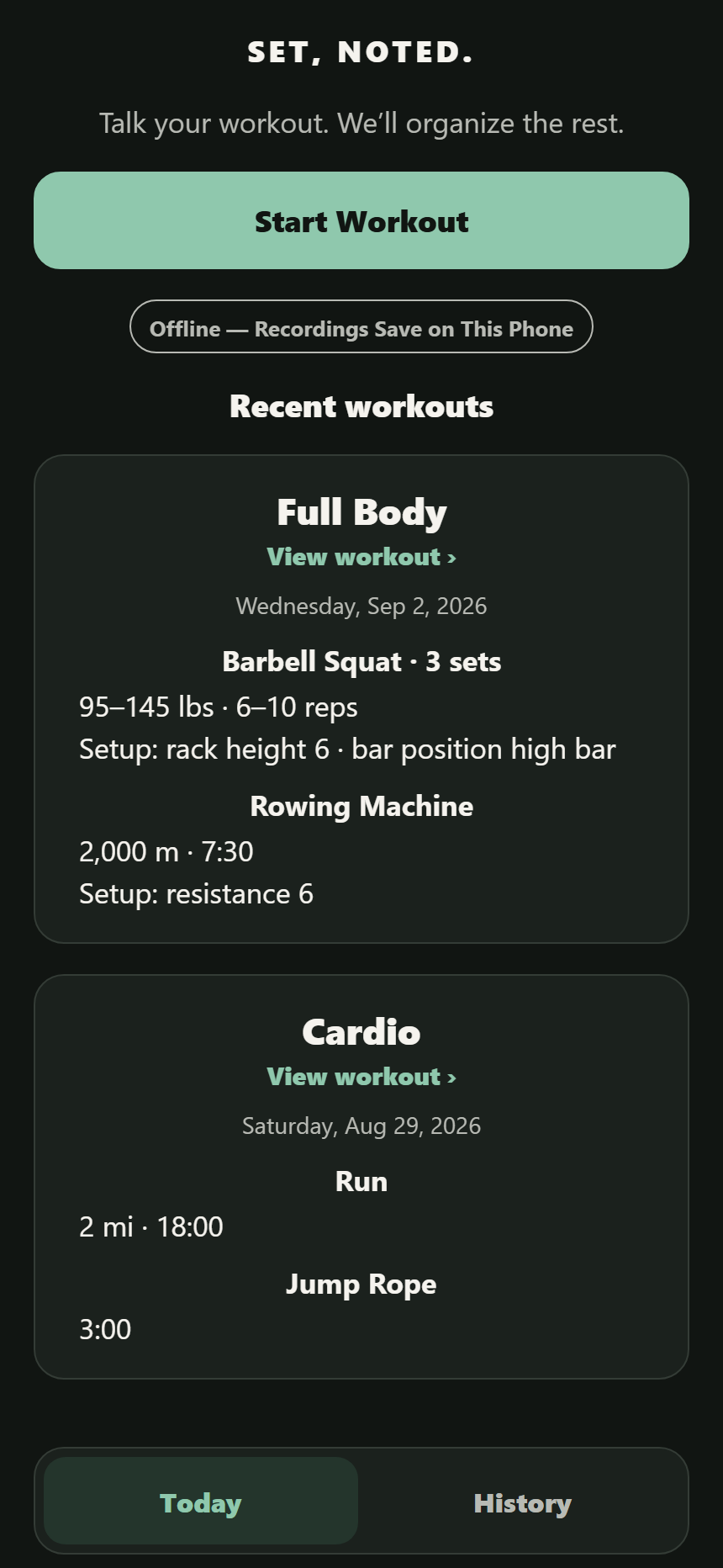 SetNoted Today screen on an iPhone showing fictional Full Body and Cardio workouts